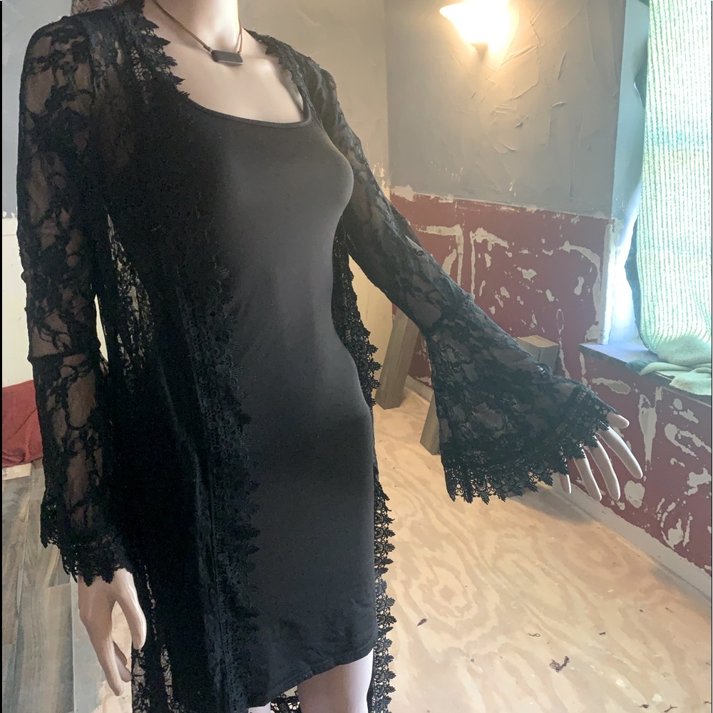 Black lace boho open front cardigan size large